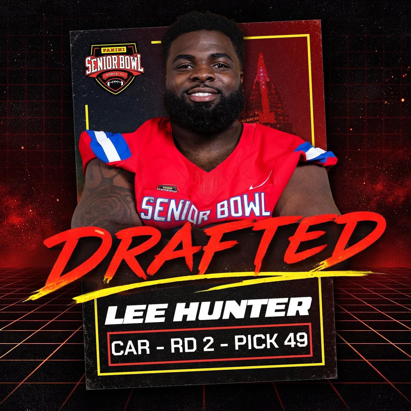 Mobile’s own.

DT Lee Hunter from Texas Tech is selected by the Carolina Panthers.

#TheDraftStartsInMobile
