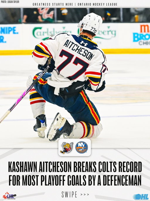 KASHAWN KEEPS MAKING HISTORY😱

The Colts blueliner passes Aaron Ekblad for most playoff goals by a defenceman in franchise history with 12!

#OHLPlayoffs | #Isles
