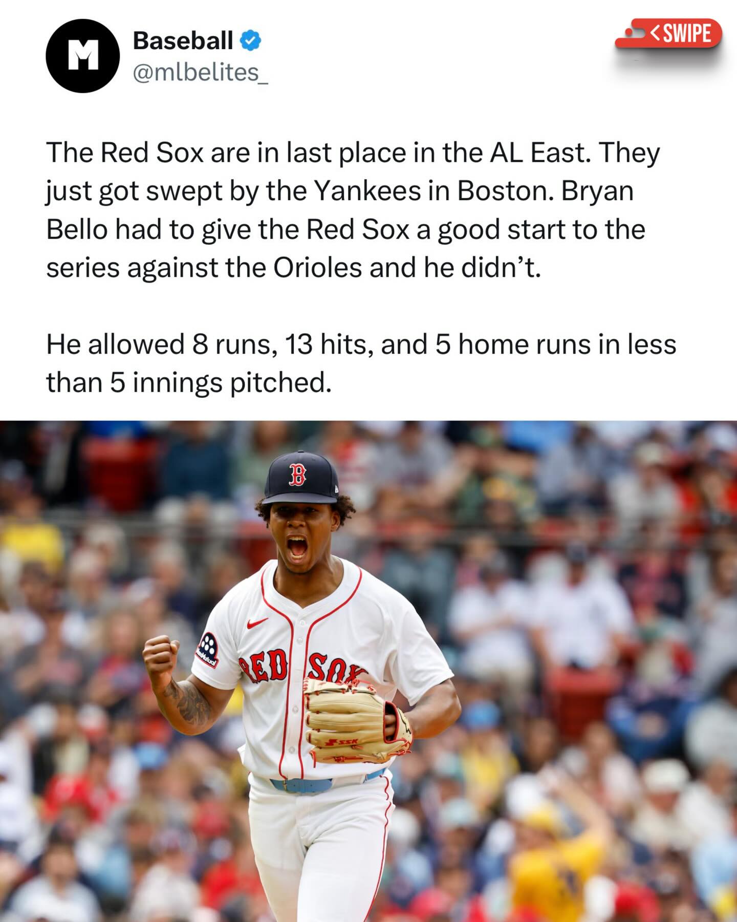 Bryan Bello had to be perfect to give the Red Sox a chance to win this game but he was not even close to that. 

He allowed 3 runs in the first 15 pitches and allowed 8 total 😭