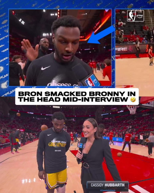 LeBron gave Bronny a love tap on the head as he was answering a question about him with @cassidyhubbarth 😅