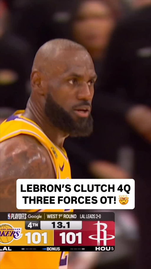 @kingjames STEAL and THREE with 13.1 seconds left in 4Q tied the game and forces OVERTIME! 🤯 LAL leads HOU, 2-0 • Game 3 on Prime • LIVE NOW <link in bio>