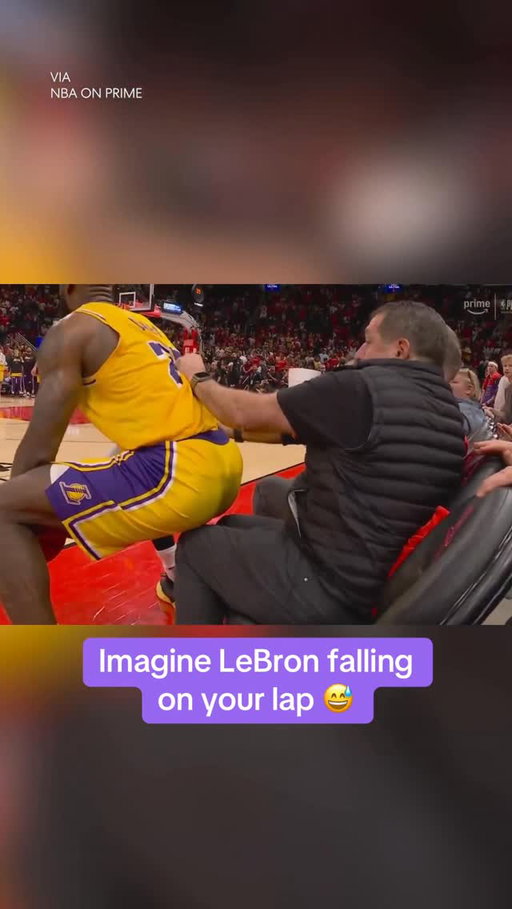 LeBron James almost fell on this fan courtside 😭 (via @nbaonprime)