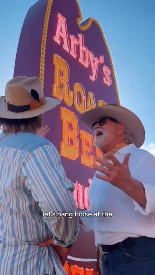 The vintage @arbys sign at Stagecoach factory reset Dad to his 70s self 🕺 Catch you on the flip side, we’ll be at the Meatin’ Post eatin’ BBQ sandwiches✌️ #ArbysPartner