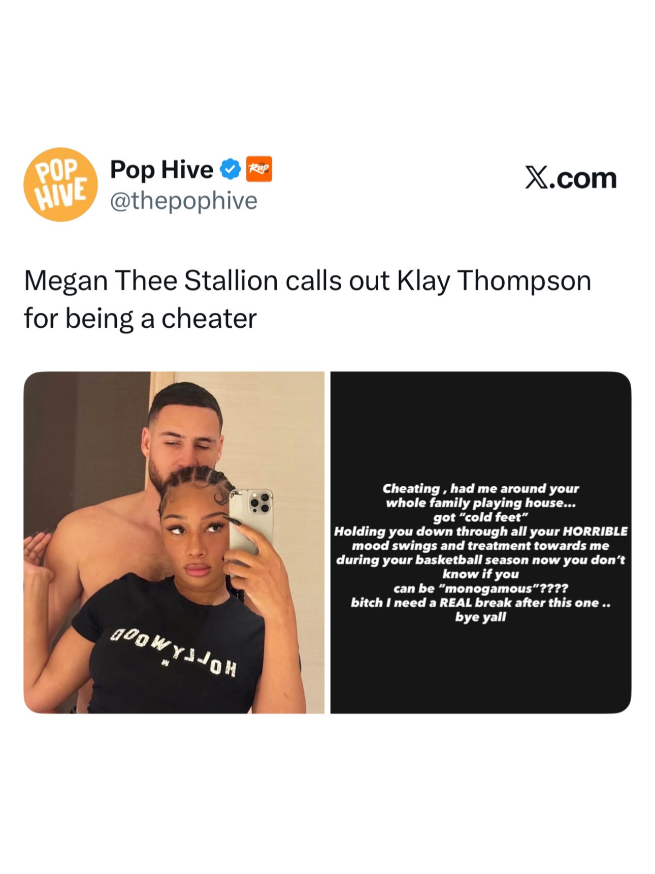 Megan Thee Stallion took to Instagram Stories alleging that Klay Thompson cheated on her.

“Cheating, had me around your whole family playing house… got ‘cold feet’… holding you down through all your horrible mood swings… now you don’t know if you can be ‘monogamous’?”

She ended the posts by saying she needs a “real break.” 💔