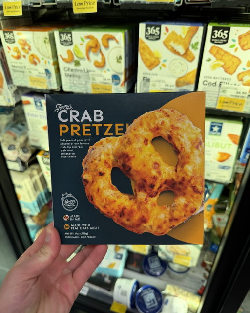 🦀 Jimmy's Famous Seafood Crab Pretzel is the freezer aisle find that makes you feel like you ordered from an actual Maryland seafood restaurant. A soft pretzel is piled with real crab dip and real crab meat then smothered in melted cheese for something that is outrageously satisfying and completely unique. 🧀 Made in Maryland and impossible to find anywhere else like this — I genuinely could not believe this was sitting in the freezer aisle! ($10.99) #wholefoods #wholefoodsmarket #jimmysfamousseafood