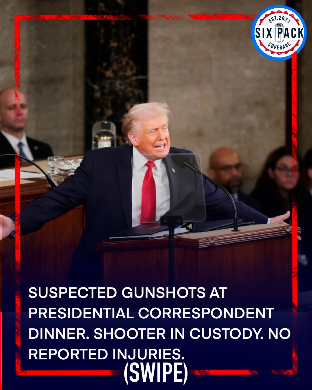 President Trump was evacuated from the White House Correspondents’ Dinner after gunfire erupted. Eyewitnesses reported at least four shots inside the Washington Hilton, leading to Trump and his cabinet’s swift removal. The Secret Service has secured the hotel as investigations continue into the incident.

Dinner attendees ducked under tables as what sounded like gunshots rang out somewhere nearby the ballroom where the dinner is taking place at the Washington Hilton.

President Donald Trump was quickly escorted out of the room by secret service agents. Soon after, senior administration officials including Defence Secretary Pete Hegseth were also escorted out by their security security details.