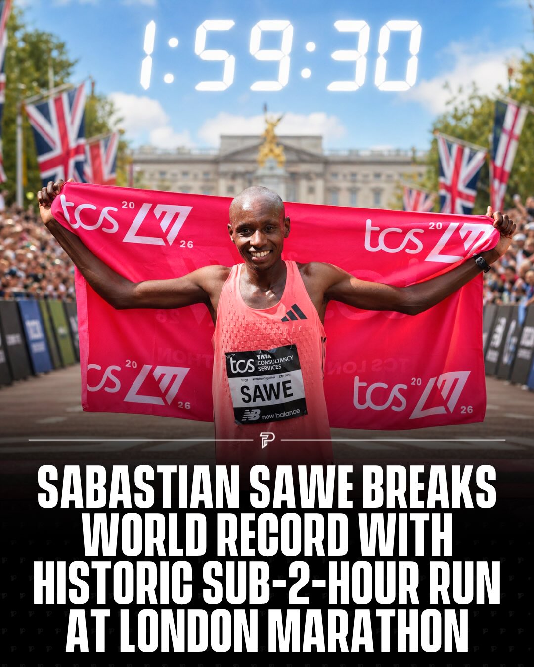 Sabastian Sawe of Kenya has made history, becoming the first person to officially break the 2 hour barrier in a competitive marathon.

The 29 year old won the 2026 TCS London Marathon on Sunday in 1:59:30, smashing the previous world record of 2:00:35 by 65 seconds.

Second place finisher Yomif Kejelcha also ran under 2 hours in his first ever marathon, finishing in 1:59:41. Sawe nearly missed the race entirely after an injury ravaged training camp.

-

#Pubity #Viral #Sports