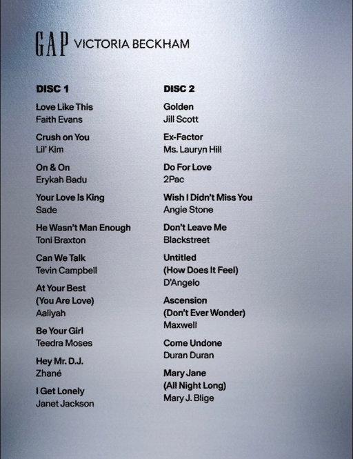 Victoria’s playlist.

“This is the soundtrack to the ‘90s for me — which is also when I discovered Gap — and captures the nostalgia and confidence of that moment,” says @victoriabeckham.

Songs that defined the ‘90s and early ‘00s. Performances that were ahead of their time and expanded the possibilities of soul, hip-hop, and pop. Tracks that sound as groundbreaking as ever.

Listen now at the link bio.