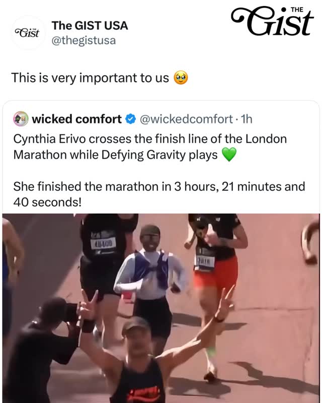 Will never get over this. 💚⁣
⁣
Wicked star Cynthia Erivo running the London Marathon while “Defying Gravity” plays. Obsessed. 😭⁣
⁣
Erivo clocked a time of 3 hours, 21 minutes, and 40 seconds. The Wicked Witch of the West is FAST. 🏃⁣
⁣
#womenssports #londonmarathon #running #wicked⁣