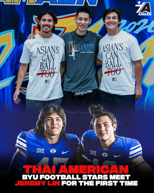 Meeting their childhood hero 🤝 @bearb47 @tigerbachmeier @jlin7 
.
.
.
.
#linsanity #byu #byufootball #asian #asianamerican