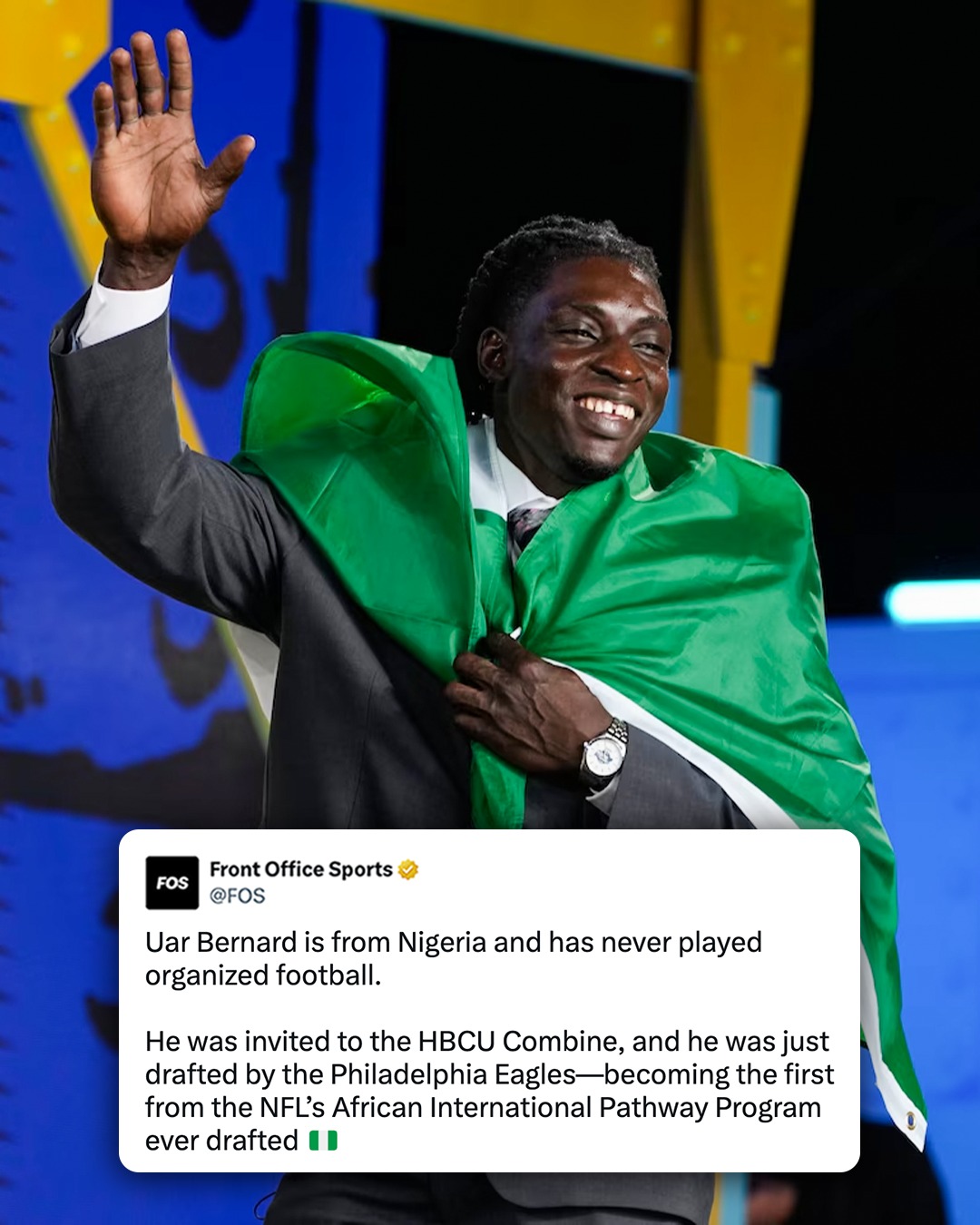 Uar Bernard is headed to the Philadelphia Eagles after being selected in the seventh round of the NFL Draft 🇳🇬

The 21-year-old from Nigeria has never played organized football.

#Nigeria