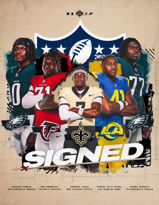 SIGNED ✅

@thedeontaelawson ➡️ @philadelphiaeagles 
@kamdew_ ➡️ @atlantafalcons 
@dashawnjones ➡️ @saints 
@nhillgreen ➡️ @rams 
@1of1jaeden ➡️ @philadelphiaeagles