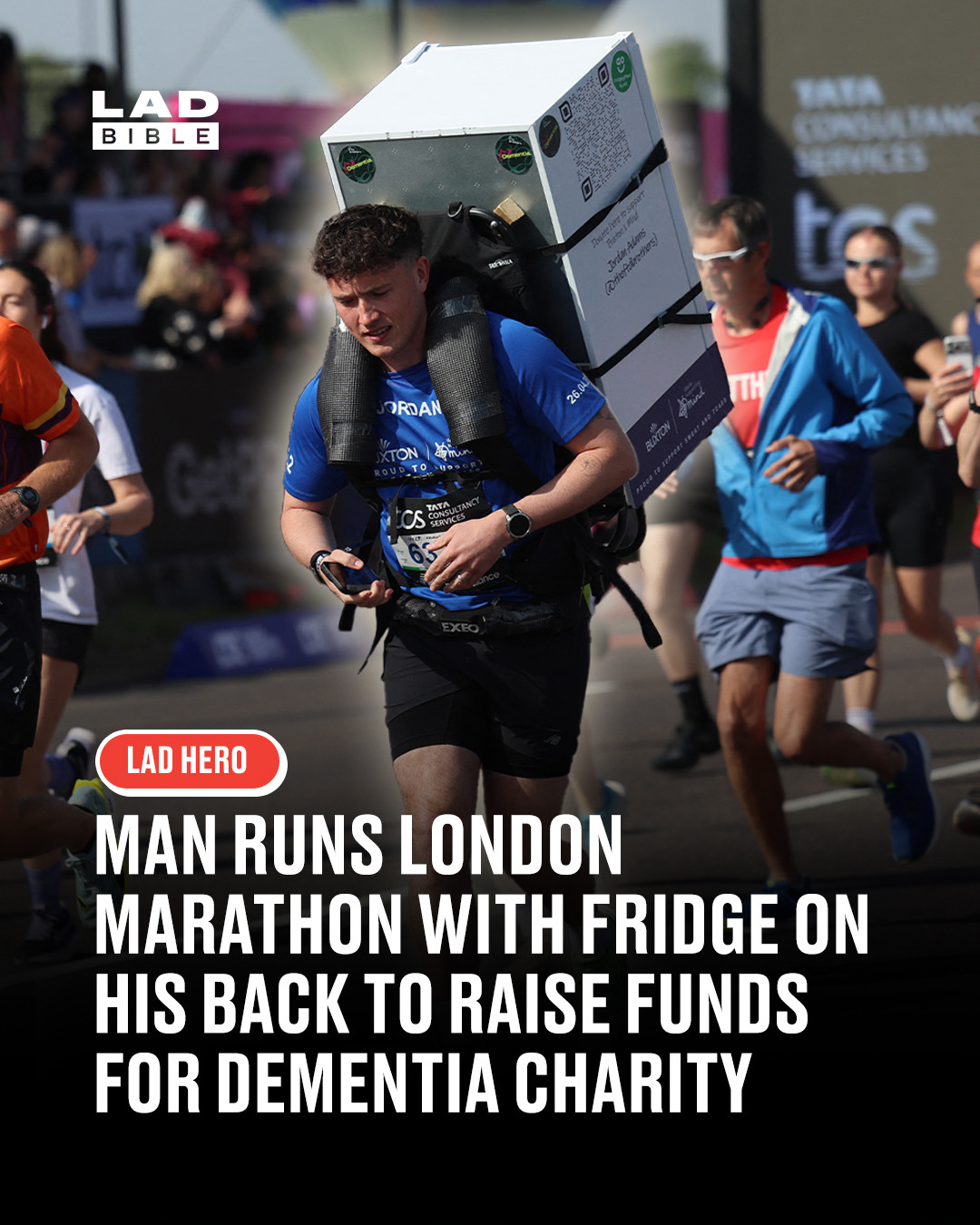 This is unreal 🙌⁠
⁠
Jordan Adams ran the London Marathon with a 25kg fridge strapped to his back to raise awareness for frontotemporal dementia. The challenge is part of a wider effort, as he’s reportedly taking on 32 marathons in 32 days after losing his mum to the condition, which he and his brother both carry the gene for.⁠
⁠
The fridge symbolises the invisible weight many people live with every day, something not always seen but deeply felt. A powerful way to turn personal loss into awareness, and a moment that’s clearly struck a chord with people watching him cross that finish line.⁠
⁠
Unbelievable for the LAD 👏⁠
⁠
#ladbible #londonmarathon #running