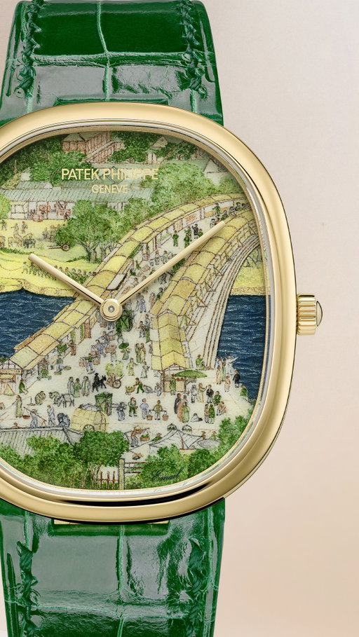 This limited edition of three Golden Ellipse wristwatches in yellow gold represents part of the painting “Qingming Festival on the Banks of the River” inspired from the original 12th-century piece by the Chinese artist Zhang Zeduan, measuring a gigantic 11.5 meters in length.

The dial is hand-engraved with a pattern of wavelets and coated with translucent blue enamel, creating the illusion of a river in motion. This decoration was then adorned with 8 colors of miniature painting on enamel with details of people and architectural features from the original work, thus bringing the scene to life with extraordinary precision. 

The yellow-gold Golden Ellipse case contains a solid caseback and harmonious proportions inspired by the ancient golden section. The alligator leather strap in shiny green is endowed with a prong buckle in yellow gold, reflecting the elliptical shape of the case.

This iconic watch houses a caliber 240 ultra-thin self-winding movement. 

#PatekTime #PatekPhilippe