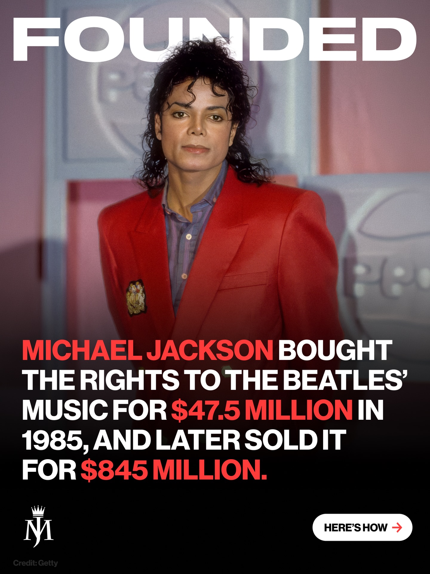 Michael Jackson turned $47.5 million into one of music’s greatest power moves.

In 1985, Paul McCartney advised MJ how to make real money in music, owning the music itself. So when the opportunity came, Jackson bought ATV Music, a 4,000-song catalog with 251 Lennon-McCartney songs.

Paul reportedly passed on making an offer. Michael didn’t.

Every radio play, film, commercial, and cover made the catalog more valuable.

Even with reported debts near $500 million, Jackson refused to fully let it go, selling only 50% to Sony for $95-$100 million.

But in 2016, after Jackson’s passing Sony bought the remaining stake for $750 million.

Michael didn’t just buy songs.
He made an acquisition in longevity.