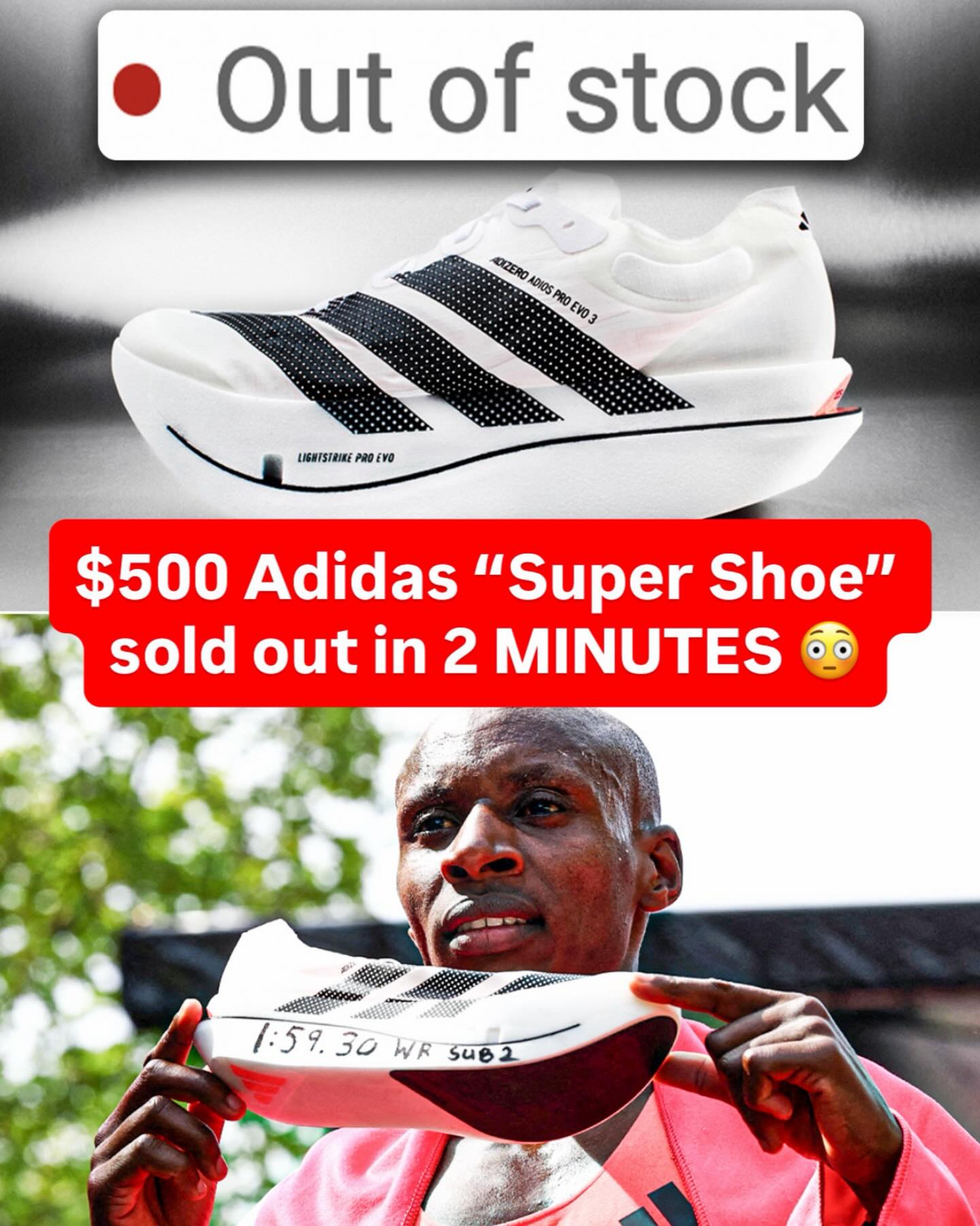 The Adidas Adios Pro Evo 3, the lightest running shoe ever, was worn by 2 marathon runners who broke the world record. It dropped today and sold out in 2 minutes. 🤯💨