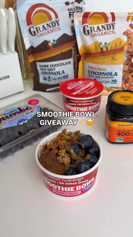 🥣 SMOOTHIE BOWL GIVEAWAY 🥣

Nothing beats a smoothie bowl with all your favorite toppings! @eatsweetnothings, @thefruitistco, @grandyorganics, and @wedderspoonmanuka are teaming up to give you everything you need to make the ultimate smoothie bowl at home! 😊

ONE WINNER WILL RECEIVE:
✨ Smoothie Bowls from Sweet Nothings
✨ A care package of Fruitist Jumbo blueberries
✨ A prize pack of best-selling granola from Grandy Organics
✨ Raw Mānuka Honey MGO 400+ from Wedderspoon

HOW TO ENTER:
1️⃣ LIKE this post
2️⃣ FOLLOW @eatsweetnothings, @thefruitistco, @grandyorganics, and @wedderspoonmanuka 
3️⃣ TAG a fellow smoothie bowl lover!

Giveaway ends at 11:59pm PT on 5/5. Open to U.S. residents 18+ only. No purchase necessary to enter or win. Three winners will be randomly selected and contacted via DM on or around 5/6. This promotion is in no way sponsored, administered by, or associated with Instagram.
