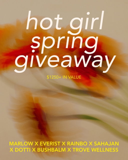 ✨ HOT GIRL SPRING GIVEAWAY ✨

we’re giving away $1250+ worth of products from 7 of our favourite Canadian brands — comment “spring” to enter 🌸

🩸@marlow — 1 year’s supply of organic period care ☀️ @helloeverist — scalp serum, shampoo & conditioner concentrates + hair towel 🍄 @rainbomushrooms — AM/PM mushroom ritual stack 🌿 @sahajanskincare — radiance face serum + sacred flower face oil 🪒 @bushbalm — smooth shave routine + vajacial + vajazzles 🧖 @trovewellbeing — intro retreat (sauna, cold plunge, red light therapy + more) 🧹 @getdotti — best broom & dustpan set
 TO ENTER:
1. Follow all 7 accounts
2. Comment SPRING below ⬇️
3. Share this to your story for bonus entry 💗 
Giveaway closes May 1st, 2026 at 11:59pm EST. One winner takes all and will be contacted via Instagram DM on May 4th, 2026. By entering, you agree to receive emails from the participating brands. Unsubscribe anytime. No purchase necessary. Only open to USA & Canadian addresses. Note: Trove Wellness package can only be used in Toronto.