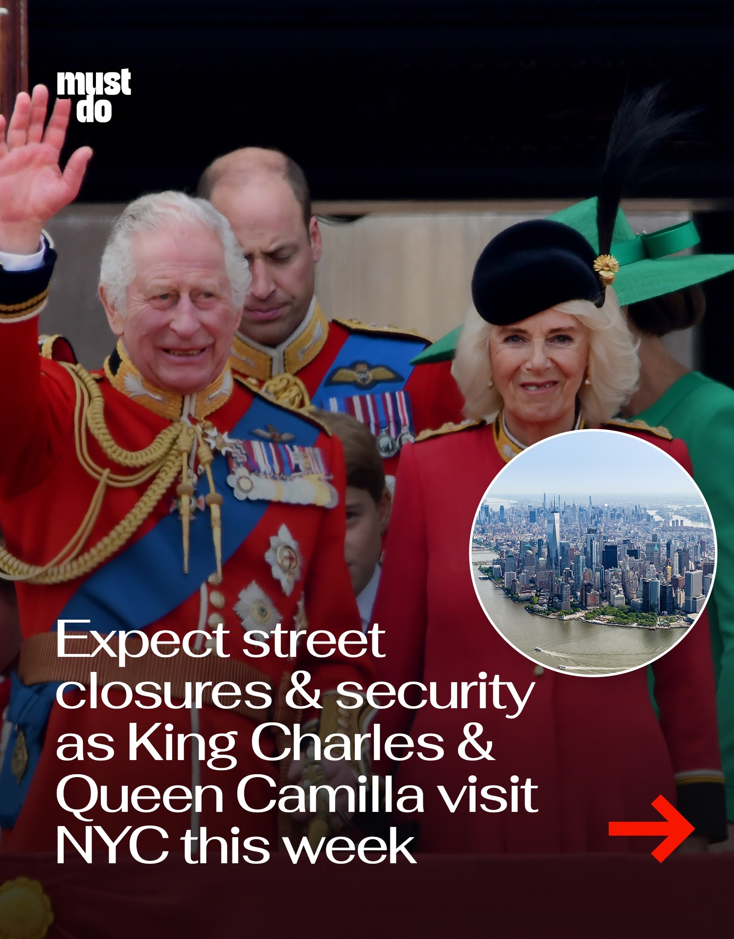 Expect a little extra traffic this week.

King Charles III and Queen Camilla are set to visit NYC on April 29, with multiple stops planned across Manhattan.

The visit will include a wreath-laying ceremony at the 9/11 Memorial, meetings with first responders and families, and a series of community and cultural events throughout the day.

Queen Camilla plans to attend an event tied to the 100th anniversary of Winnie-the-Pooh, while King Charles will take part in discussions around sustainability and urban programs.

They’ll also meet with business leaders in Midtown and a scheduled meeting with NYC Mayor Zohran Mamdani.

Expect heavy security, motorcades, and street closures across Lower Manhattan and Midtown, especially near major landmarks.

By the way, we have a weekly newsletter with what’s worth knowing about and doing in New York. One newsletter. Once a week. Link in bio.

Media via Shutterstock

#mustdonyc #nycroyalvisit #kingcharles