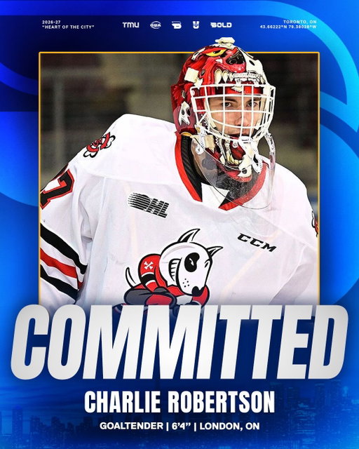 We’re excited to announce the commitment of Charlie Robertson. 
 
The London, ON native is a big, athletic goaltender who moves extremely well in the crease, and competes hard on every puck. Joining us from the Niagara Icedogs of the OHL. Robertson uses his size and mobility to make difficult saves look routine. He competed in the CHL Top Prospect game(2023), and attended rookie camp with the Florida Panthers that same season.
 
Welcome to Toronto, Charlie 🤝

#BeBold | @tmubold
