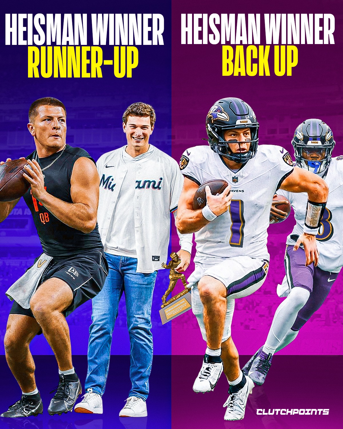 The football journey of Diego Pavia has taken a hilarious turn where he is now destined to live in the permanent shadow of the Heisman trophy.

Just a few months ago, the Vanderbilt legend stood at the back of the stage as the runner-up, watching Fernando Mendoza lift the historic hardware for Indiana.

Now, after signing as an undrafted free agent in Baltimore, he arrived at the practice facility only to realize he had entered the exact same room as Lamar Jackson.

It's a bizarre cosmic arrangement where his only goal is to be the primary safety net for the guy who currently holds the award that Pavia just spent an entire season chasing.

Pavia isn't even guaranteed that spot; he might actually spend training camp trying to become the backup to a guy who was already backing up the Heisman winner.

The ultimate goal for his rookie campaign is apparently to become extremely comfortable holding a clipboard for some of the greatest to ever do it. 🐦‍⬛🏆📋