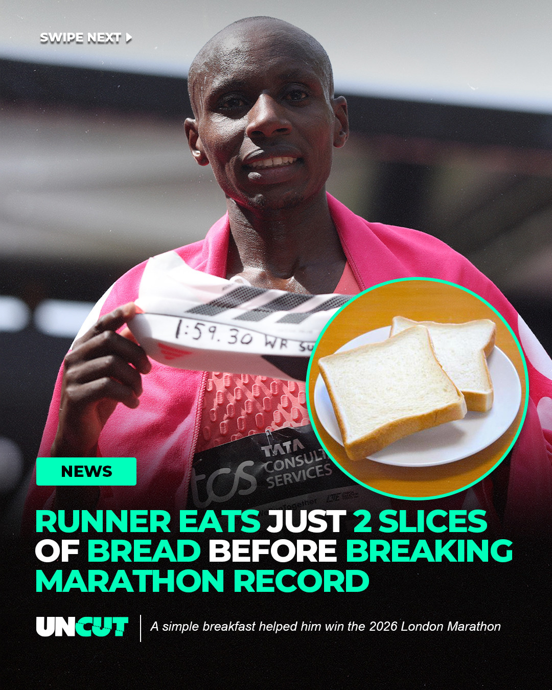 Sabastian Sawe only had a super simple breakfast before his record-breaking run 🍞👀⁠
⁠
The Kenyan long-distance runner ate just two slices of bread with honey and tea before the 2026 London Marathon, relying on quick carbs and caffeine to fuel his sub-2-hour performance (1:59:30) after intense 150-mile-per-week training 💨⁠
⁠
What do y’all think⁉️👀