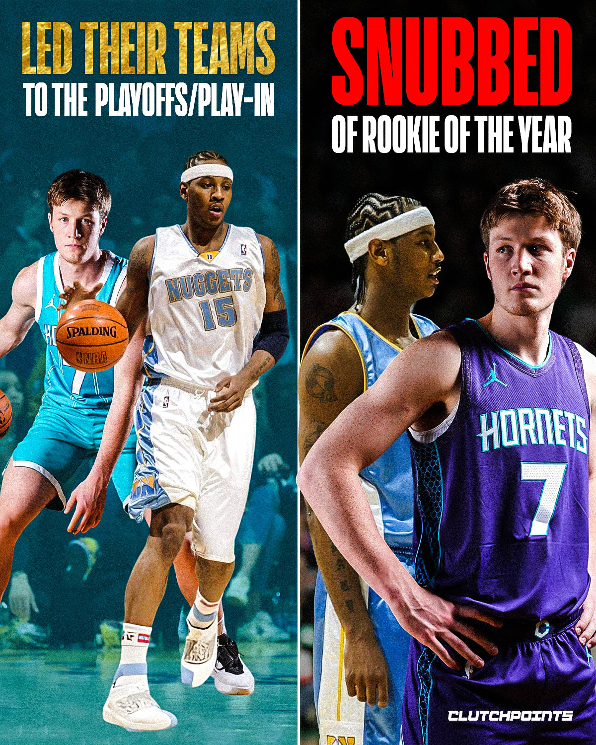 This year's Rookie of the Year race is controversial.

Kon Knueppel has been balling all season.
An absolute bucket when he has the ball,
Helped lead his team into the play-in.
Only to get snubbed of Rookie of the Year by Cooper Flagg, a versatile forward who does everything for their team, but hadn't made the playoffs.

This is eerily similar to what happened 22 years ago.
Carmelo Anthony has been getting buckets since he stepped foot in Denver.
Helped lead his team into the playoffs,
Only to get snubbed of Rookie of the Year by a LeBron James, also a versatile forward who does everything for their team, but hadn't made the playoffs.

If you don't believe deja vu is real,
Then this might be one that sways your opinion the other side.