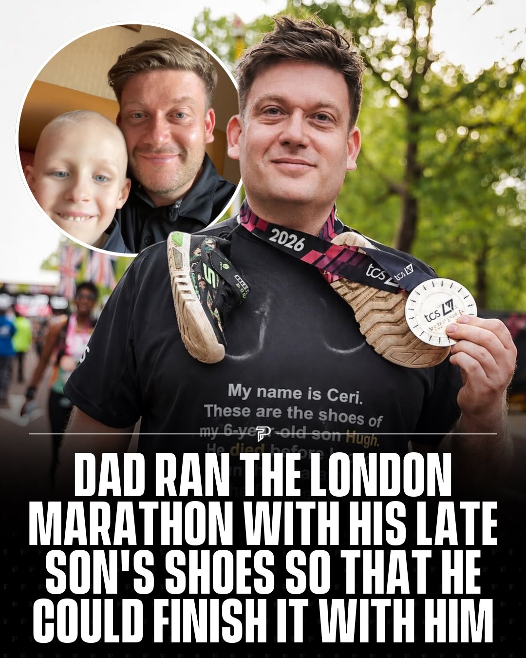 Ceri Menai-Davis ran the 2026 TCS London Marathon on April 27 carrying his late son Hugh’s shoes around his neck for the full 26.2 miles. 

Hugh died aged 6 from a rare cancer called rhabdomyosarcoma in September 2021. The shoes were the ones Hugh wore when he was admitted to hospital but, as Ceri put it, “sadly never came out.”

Ceri had also run the Paris Marathon on April 12 wearing the same shoes, totaling over 56 miles across both races. He and his wife co-founded the charity “It’s Never You” and are aiming to raise £100,000 in Hugh’s memory.

Via @its.neveryoucharity @ceri.menaidavis

-

#Pubity #Viral #Wholesome
