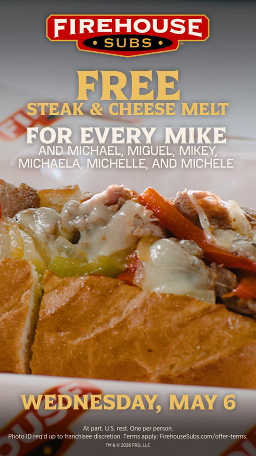 Calling all Mikes! This one's for you. No, seriously. ALL of you. On May 6th, if your name is Mike, receive a FREE Medium Steak & Cheese Melt ON US. ​
Tag a Mike down below ⬇️​

Offer available in-restaurant only