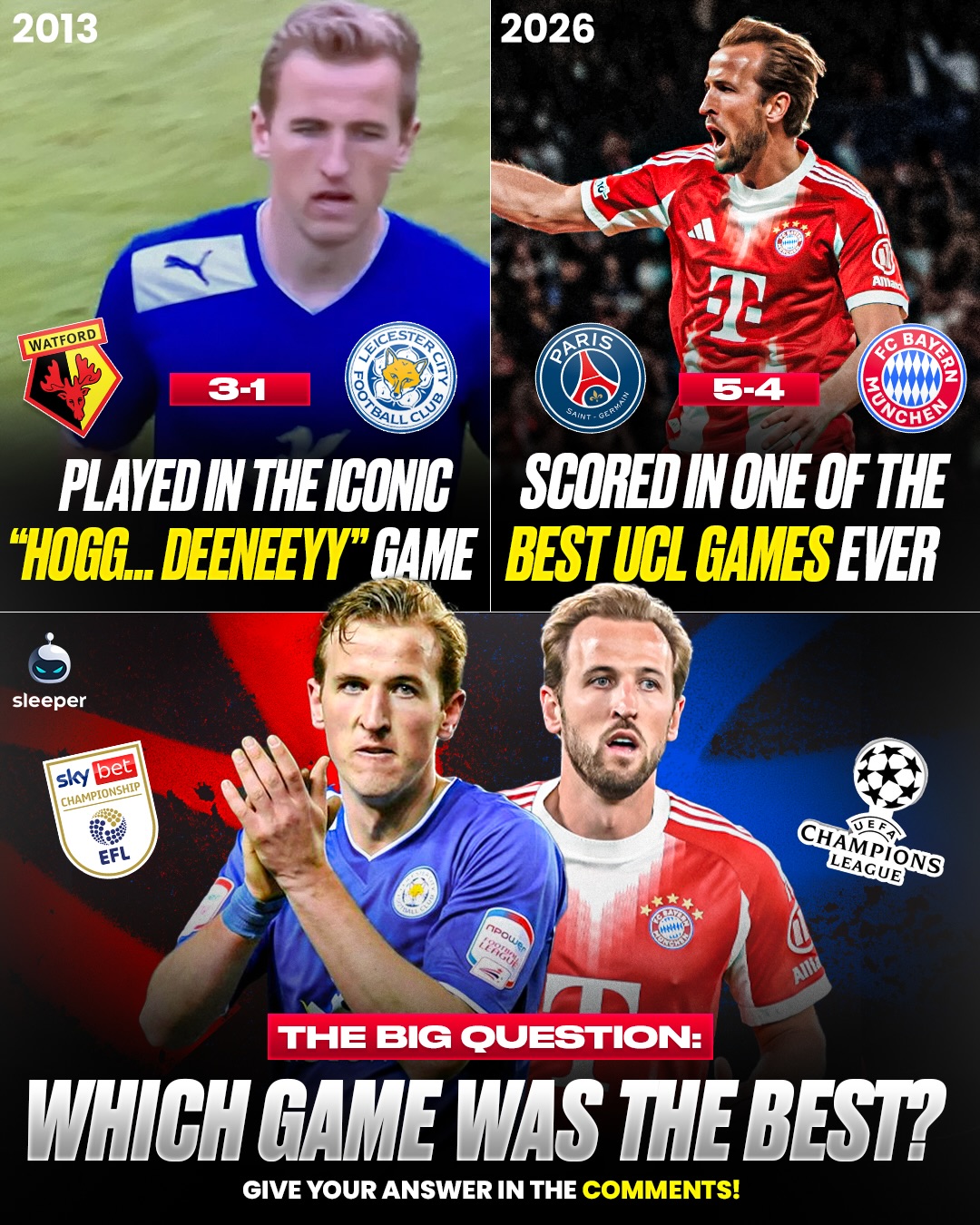 What if we told you Harry Kane has already played in a CRAZIER game than PSG vs Bayern Munich… 🤯👀

Granted, the 5-4 Champions League classic was ridiculous…

But does it beat the iconic “Hogg… DEENEEYYY” game in the 2013 Championship Play Offs between Watford and Leicester? 🤔

Harry Kane came on as a substitute for Chris Wood. When Leicester missed a 90+7 penalty to go to Wembley and immediately Watford go down the other end to score instead. Cinema. 🤩

Genuinely, is that game better than the madness in the UCL? 😬

#psg #bayernmunchen #efl #lcfc #watfordfc