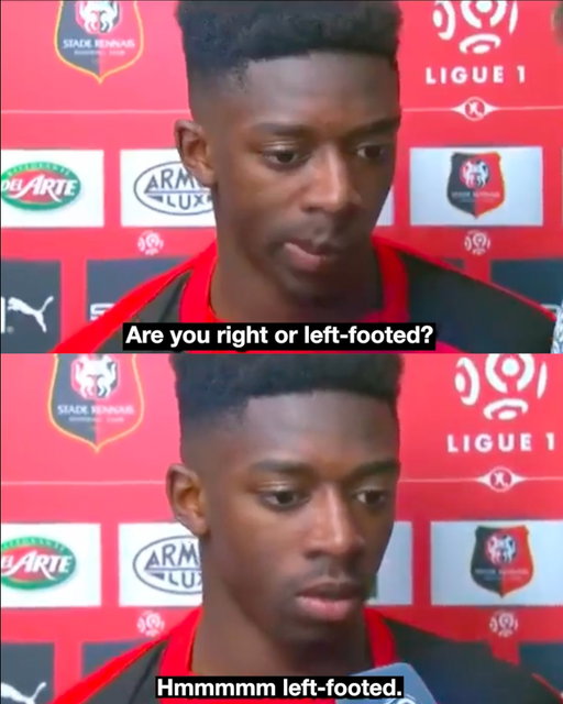 In an interview after a game in 2015, Ousmane Dembele was asked why he took penalties with his right foot despite claiming to be left-footed. 

Throughout his career, he’s continued to take penalties with his right foot, including last night against Bayern Munich, before adding a second also with his right in the second half.

Amazingly, during his Ballon d’Or campaign, he scored 17 goals with his right foot and 14 with his left.