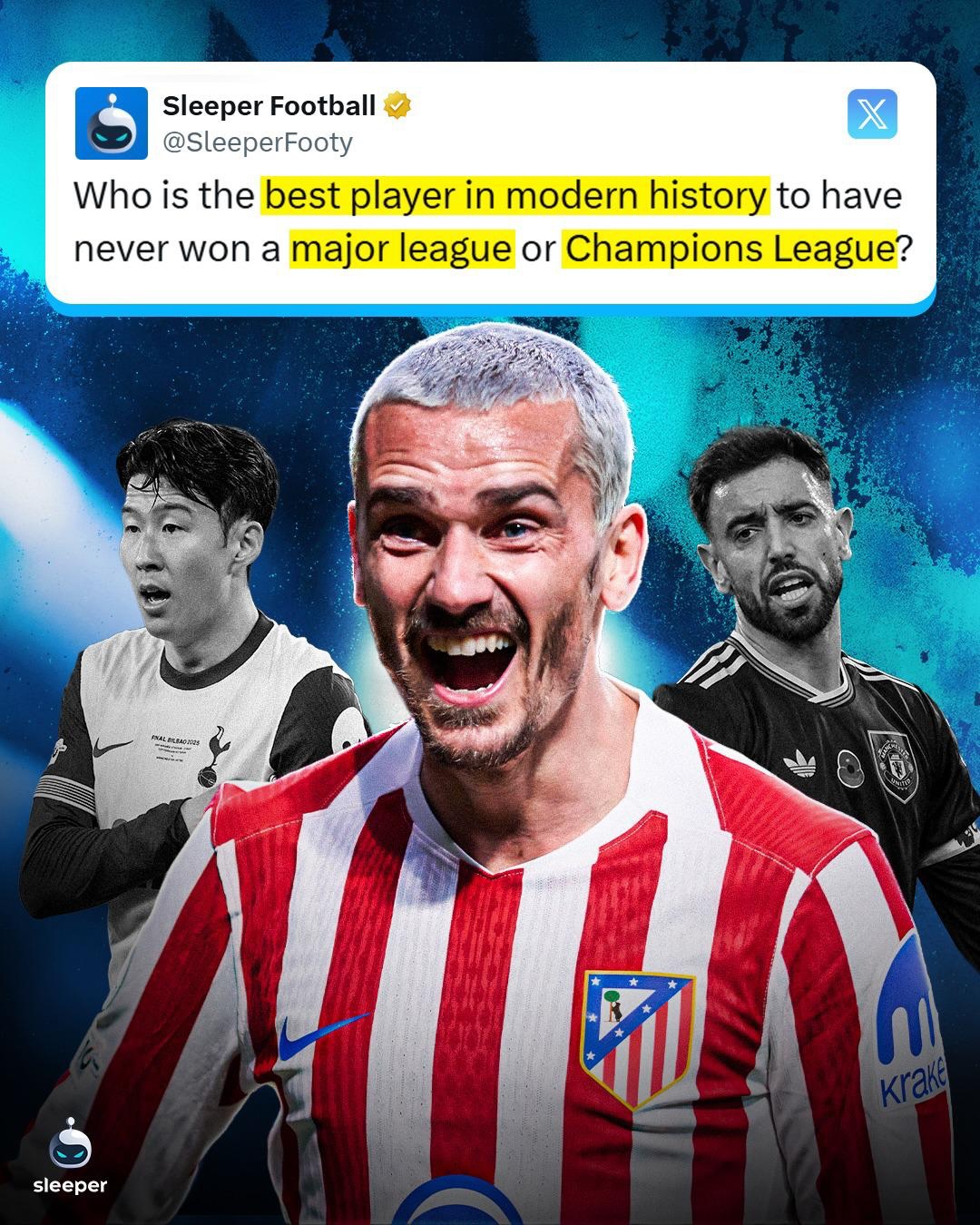 Who is the best player to have NEVER won a major league or Champions League? 😭🏆

Our honourable mentions are Griezmann, Son or Bruno Fernandes… 🥲

Griezmann has a chance to change that this season with Atletico Madrid in the UCL, it would be the perfect ending to his time at the club! 👀

Give your answer in the comments! 🤔

#tottenham #spurs #mufc #manchesterunited #manutd