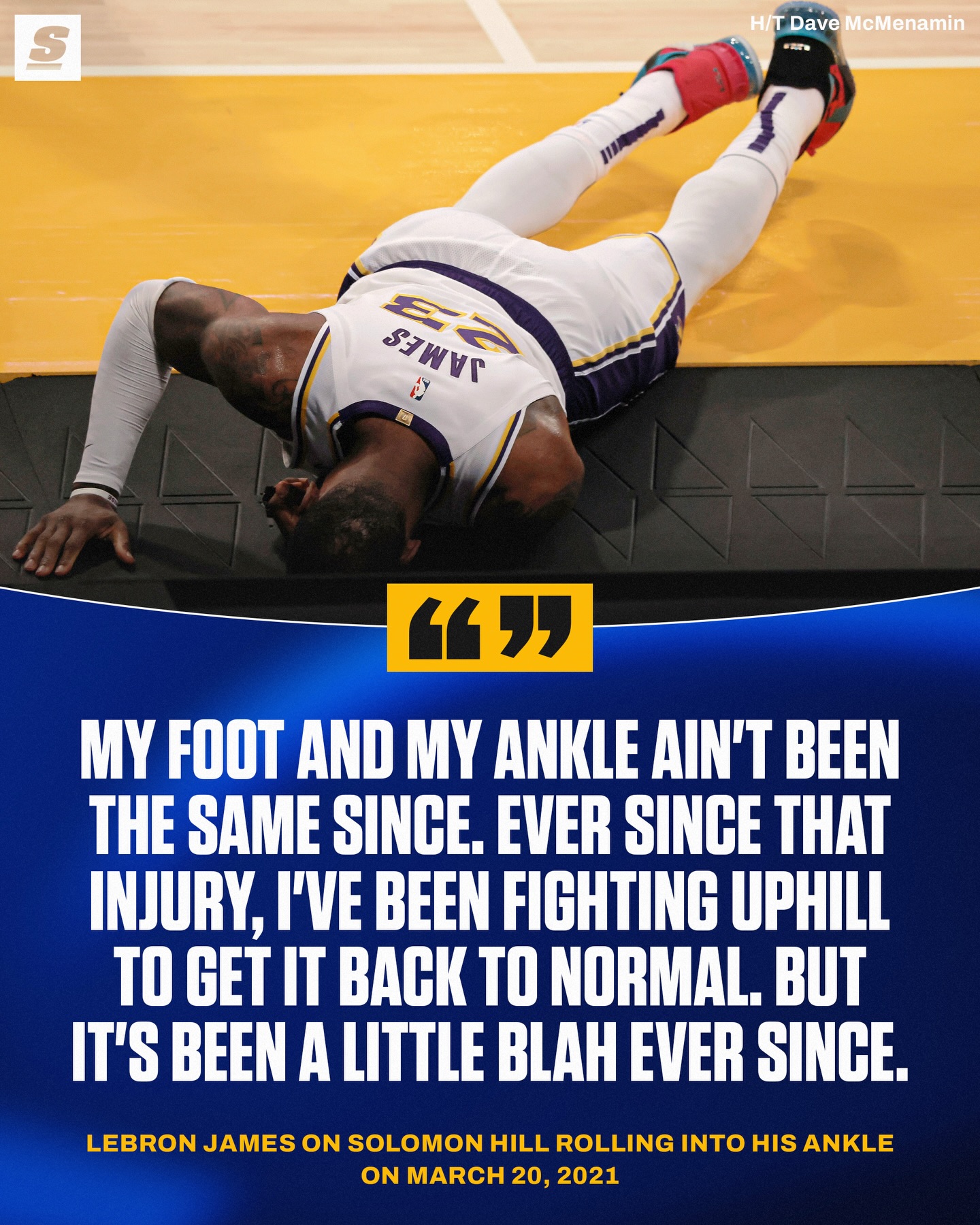LeBron James says his foot and ankle haven’t been the same since Solomon Hill rolled into his ankle and injured him in 2021. 🤕
[h/t @davemcten]