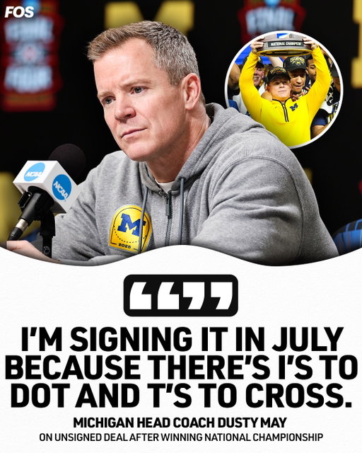 Three weeks after Michigan won the national championship, head coach Dusty May’s new contract remains unsigned.

May told Front Office Sports on Wednesday that his new deal won’t be signed until the summer despite Michigan athletic director Warde Manuel saying he and his coach had agreed to a new deal at the Wolverines’ title celebration on April 8.

Full story in bio.