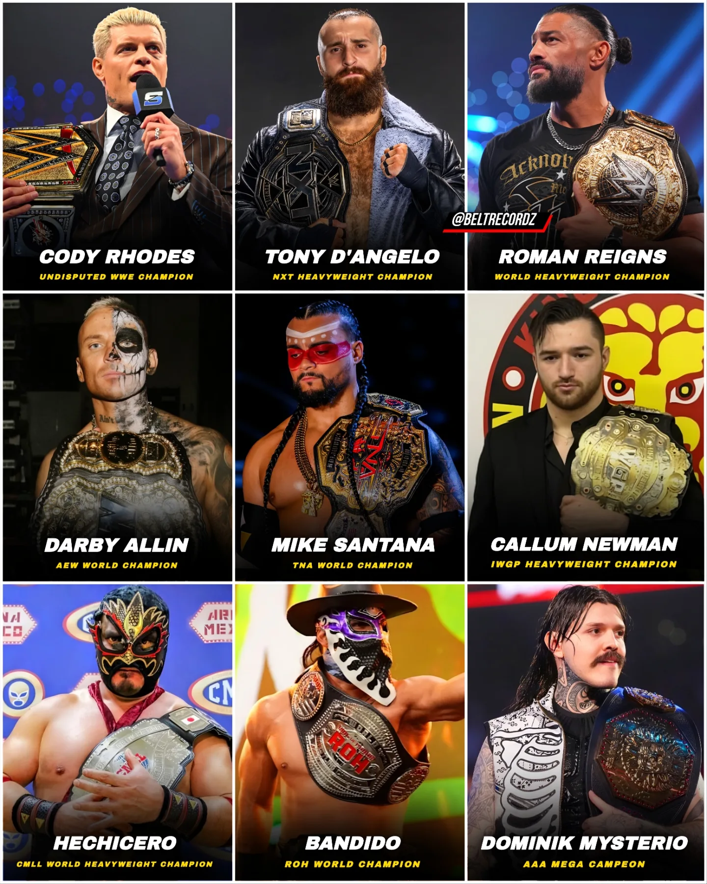 Current World Champions of Pro Wrestling (April 2026)👏👏..

The 4th Month of 2026 brought in many World Champions. Here are the Current ones🔥🔥

The Women's One Tomorrow :)

Cody Rhodes, Tony D'Angelo, Roman Reigns, Darby Allin, Mike Santana, Callum Newman, Hechicero, Bandido, Dominik Mysterio & Many more👏👏

#wwe #romanreigns #codyrhodes #wwechampion #beltrecordz 

@romanreigns.fanmtl @codysthrone 

World Champions edit