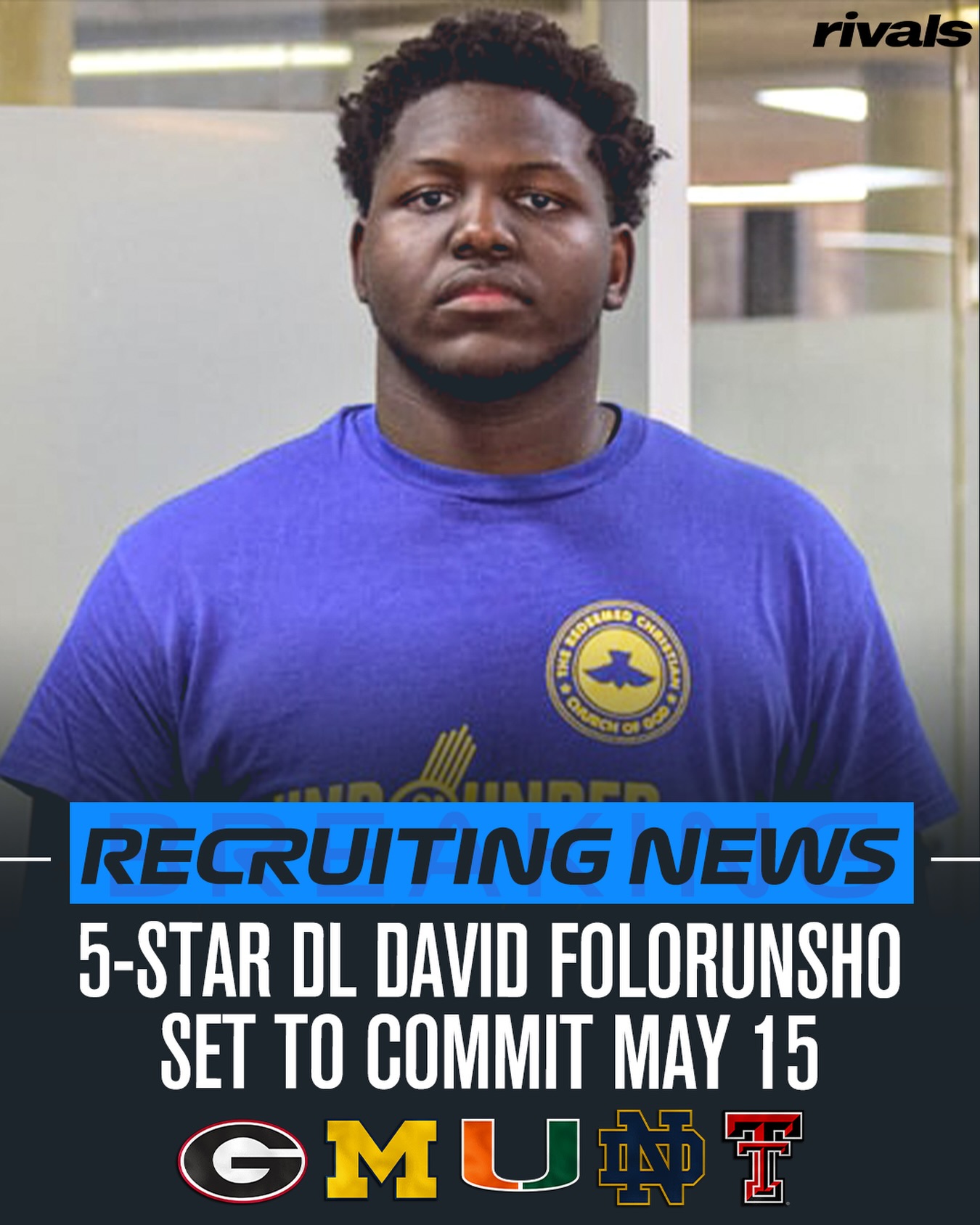 Rivals 5-star DL David Folorunsho will announce his commitment on May 15, @Hayesfawcett3 reports‼️

Folorunsho will choose between Georgia, Michigan, Miami, Notre Dame, and Texas Tech.