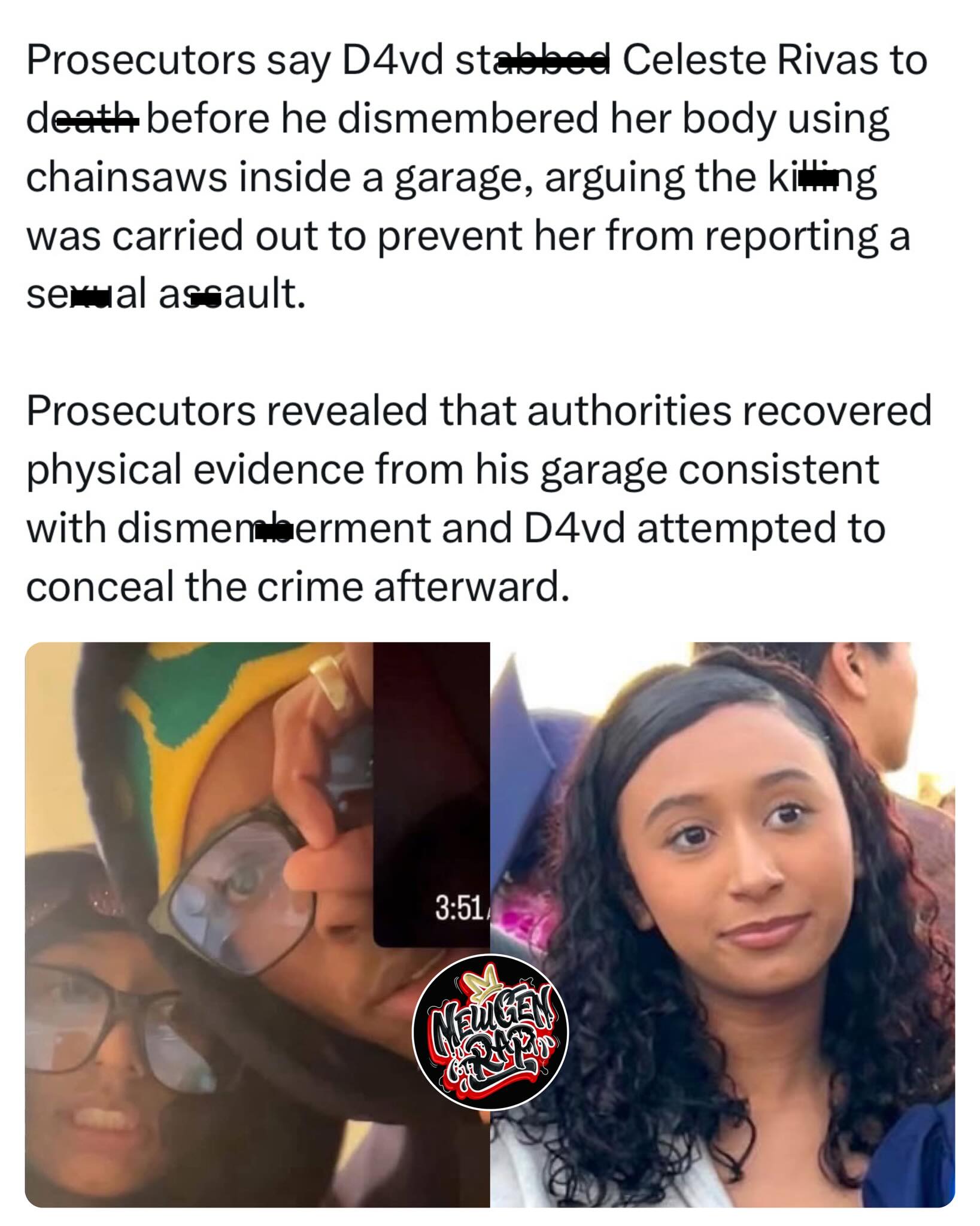 SO HEARTBREAKING💔🤮: Singer #D4vd used a chainsaw to dism-mber 14yr old #CelesteRivas after k-lling her in his garage, according to prosecutors 😢🕊

He also allegedly amputated Celeste Rivas left ring and pinky fingers because her ring finger contained a tattoo of his name. Her fingers were never recovered. 

The singer allegedly used a fake name “Victoria Mendez” to order two chainsaws, a body bag, heavy-duty laundry bags and a blue inflatable pool from Amazon in addition to a shovel from Home Depot via Postmates.

RIP Celeste🪽😔

#explore #explorepage #viral