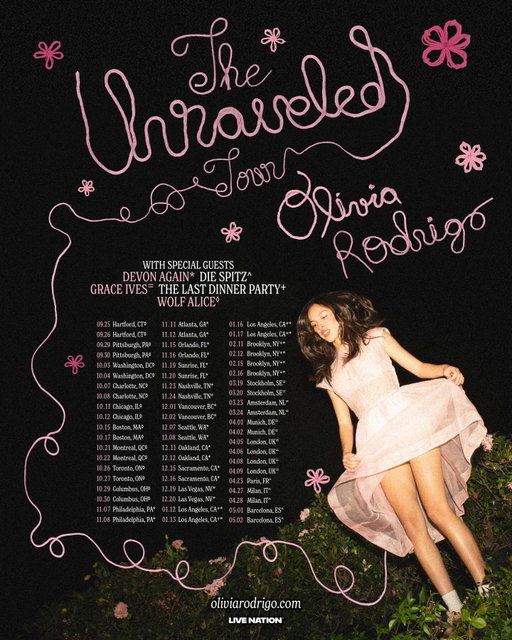 i am so so excited to announce The Unraveled Tour!!! I am counting down the days till I get to sing all of the songs from ‘you seem pretty sad for a girl so in love’ with u guys!!! 🩷🩷🩷

Presale begins Tuesday, May 5th, and general onsale starts Thursday, May 7th @ 12PM local. Visit OliviaRodrigo.com for ticket info.