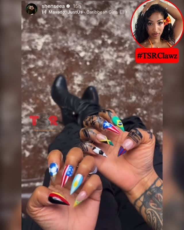 #TSRClawz: #Shenseea showing off her FIFA World Cup inspired nails. 🔥 #Roommates, are you feeling them? ✍🏾: #TSRStaffJW