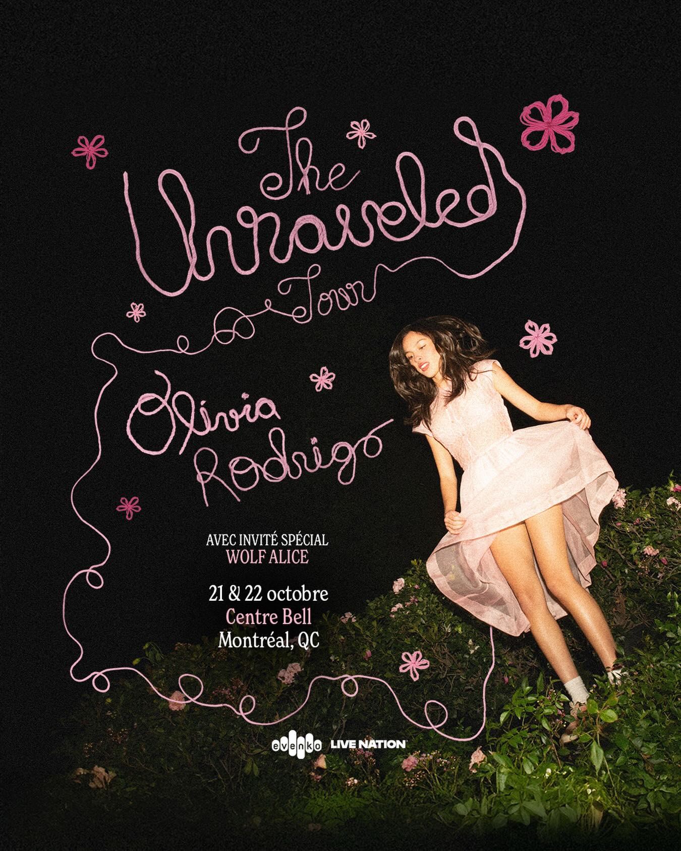 @oliviarodrigo sera au @centrebell dans le cadre de sa tournée The Unraveled Tour les 21 & 22 octobre prochain avec @wolfaliceband 🩷
 
Billets en vente le 7 mai, midi
-
Olivia Rodrigo is bringing The Unraveled Tour to the Bell Centre on October 21 & 22 with special guest Wolf Alice 🩷
 
Tickets on sale May 7th at noon