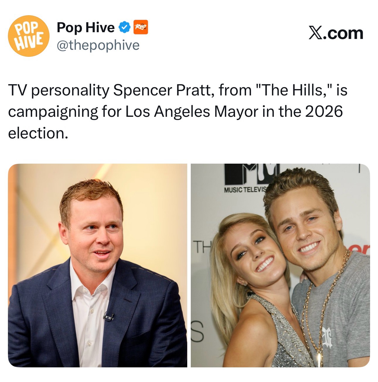 Former reality star Spencer Pratt, best known for his role on MTV’s The Hills, has officially launched a campaign for Mayor of Los Angeles❕😳

In a viral social media ad, Pratt showcases his Pacific Palisades property that was destroyed by fire, blaming the city’s “failed leadership” and “corrupt politicians” for the devastation. The video has gained significant traction online, with supporters drawing comparisons to John Wick due to his mission for “vengeance” and change.

🎥: @spencerpratt