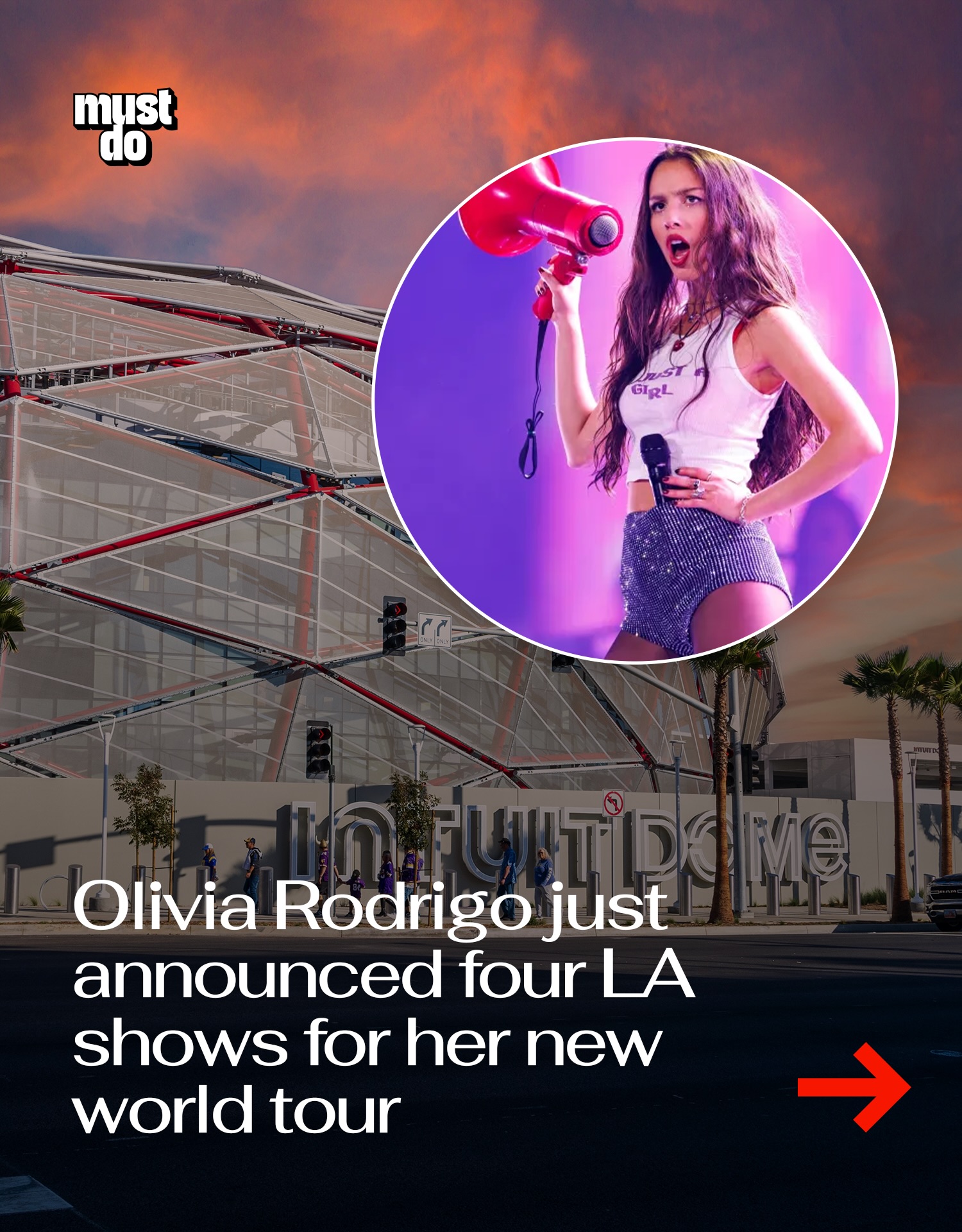 LA is getting four nights of Olivia.

Olivia Rodrigo is bringing her “Unraveled Tour” to the Intuit Dome on January 12, 13, 16, and 17, 2027.

The 65-date world tour kicks off September 25, 2026 and supports her upcoming album dropping June 12.

Tickets go on sale May 7, with presales starting earlier that week.

She’s also bringing back limited $20 tickets, which will likely sell out instantly.

If you missed her last tour, this is one to plan ahead for.

By the way, we have a weekly newsletter with what’s worth knowing about and doing in Los Angeles. One newsletter. Once a week. Link in bio.

Media via Olivia Rodrigo/Shutterstock/Cosmopolitan

#mustdolosangeles #oliviarodrigo #laconcerts
