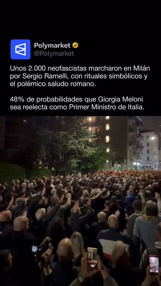 Cerca de 2.000 militantes neofascistas se movilizaron en Milán para homenajear a Sergio Ramelli, en una marcha cargada de simbolismo político y consignas identitarias.

El acto incluyó el ritual del “presente” y el controvertido saludo romano, reactivando la preocupación por la visibilidad y avance de sectores ultraderechistas en Italia.

#Italia #Milan #Polymarket