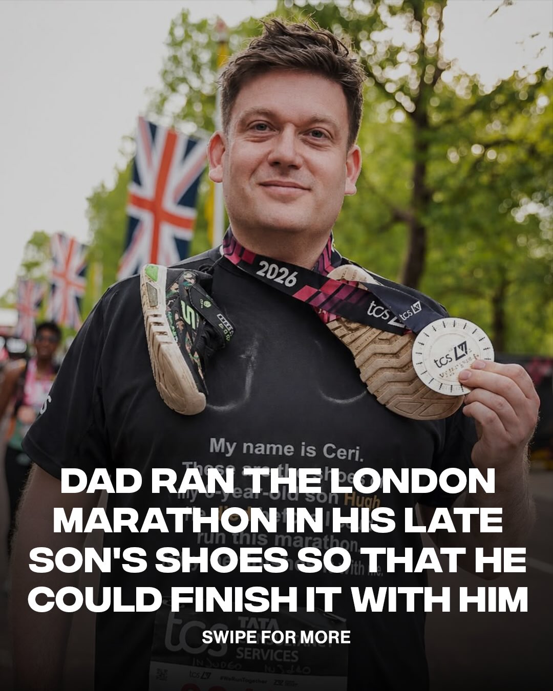 What an incredible dad 🥹❤️

Ceri Menai-Davis ran the 2026 TCS London Marathon while carrying his late son Hugh’s shoes around his neck for the full 26.2 miles. Hugh passed away at age 6 in 2021 from a rare cancer called rhabdomyosarcoma, and the shoes were the pair he wore to the hospital. Ceri also ran the Paris Marathon earlier in April with the same shoes, covering more than 56 miles total. He and his wife started a charity called “It’s Never You” and are raising money in Hugh’s memory.

[📸: @its.neveryoucharity , @ceri.menaidavis ]