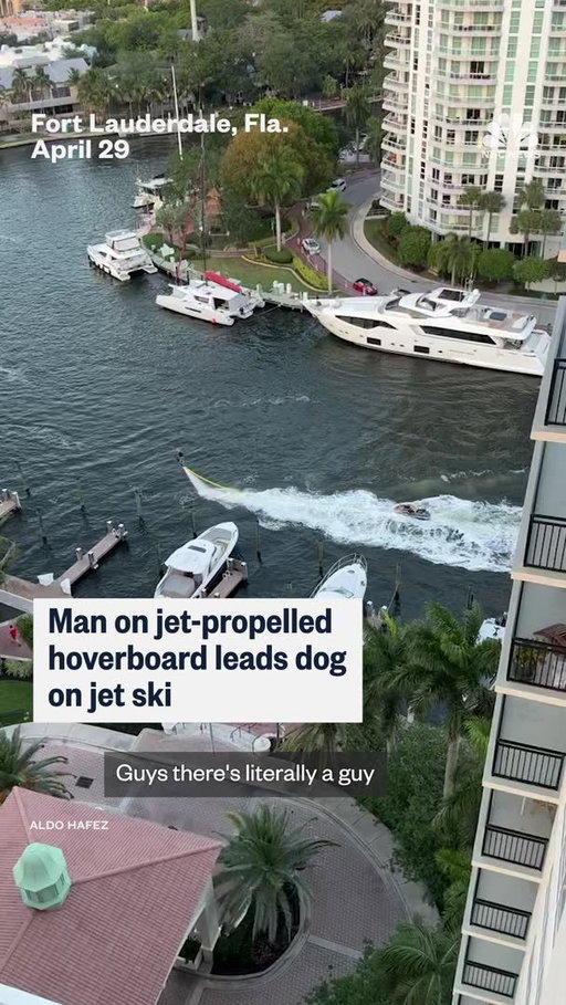 A man on a jet-propelled hoverboard was seen leading a dog on a jet ski in Fort Lauderdale, Florida.
