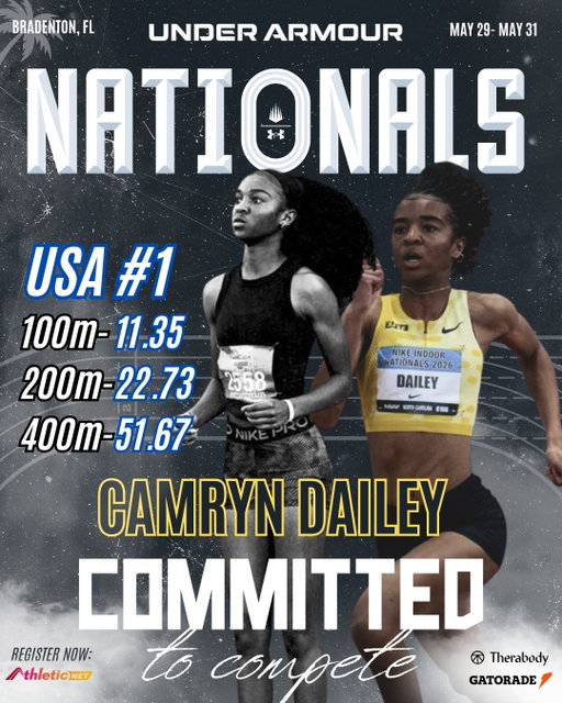 Time to get to know her name.

🌍 The #1 youth female sprinter in the WORLD
🏆 Multiple age group WORLD RECORD holder

Camryn Dailey is officially set for Under Armour Track & Field Nationals at IMG Academy.

22.73  200m 🔥
51.67 400m 🔥

Catch her in the 200m and 400m
May 29–31 in Bradenton, FL

The future is here.

#UATFNationals #UnderArmourNationals #RunnerSpace #Partner