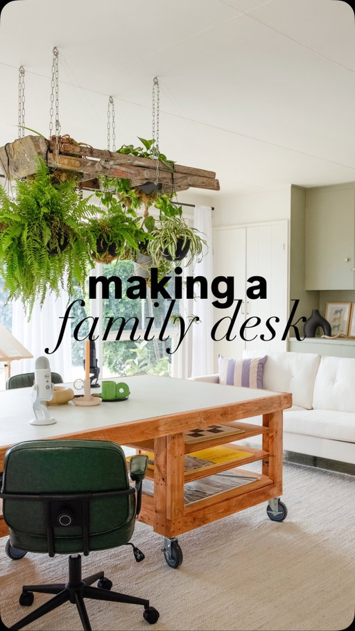 Family desk energy. We built one giant rolling desk for work, crafts, storage, and room for everyone. Probably my favorite and most used thing in our house! Comment “DESK” and I’ll DM you the plans ✏️📐