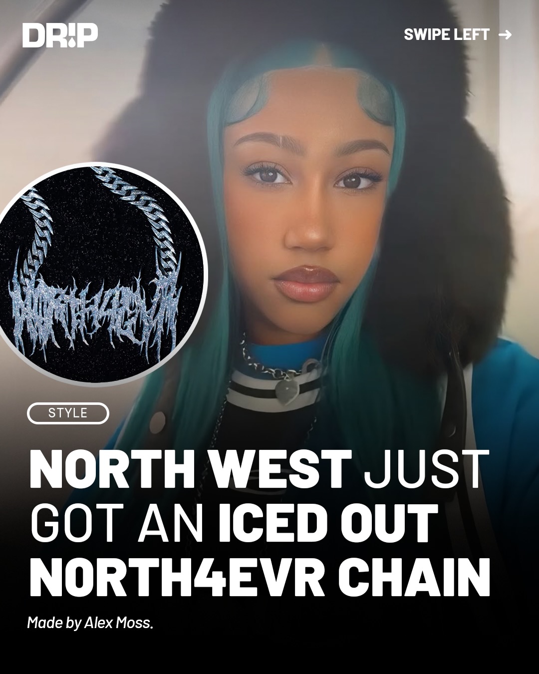 North West with the N0RTH4EVR iced out chain 🥶 Thoughts on this piece? 

Chain + artwork by @alexmoss