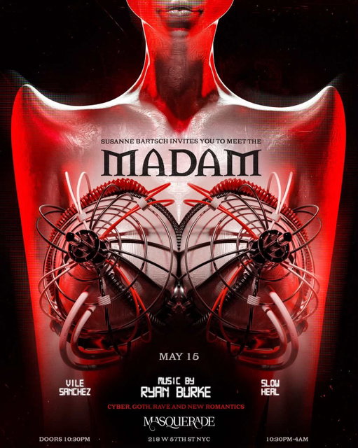 MADAM returns Friday, May 15
▪️Guest DJs @vilesanchez + @slow_heal_ 
Masquerade NYC
@bartschland 

artwork by @bobbottlenyc