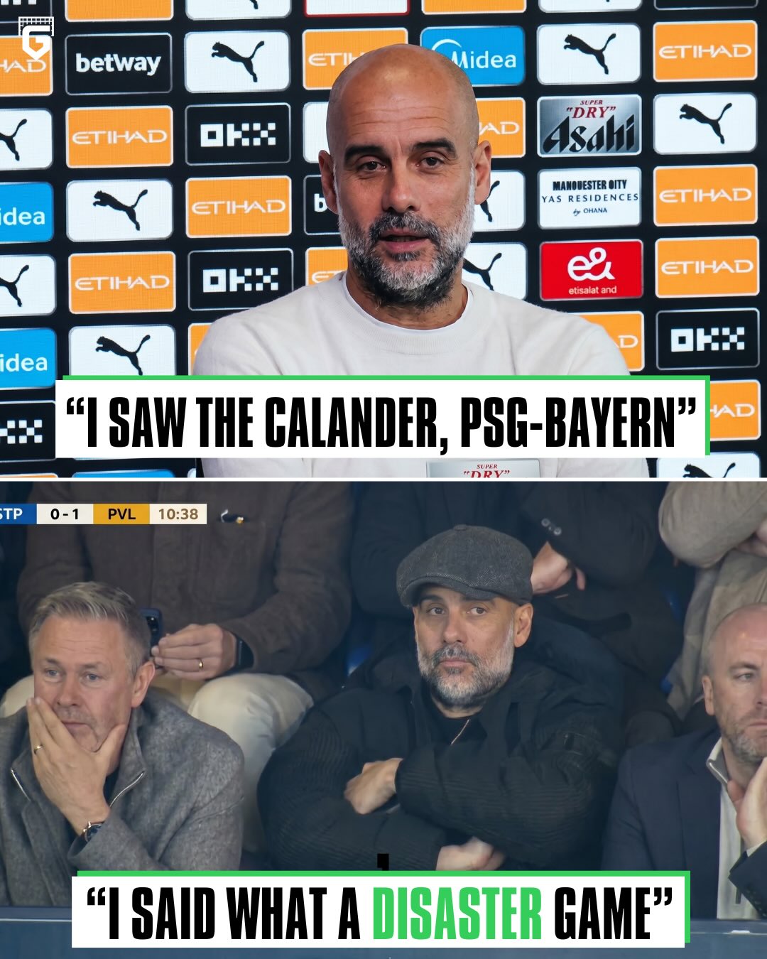 🗣 Pep Guardiola explains why he went to watch Stockport-Port Vale rather than PSG-Bayern:

“I saw the calendar, PSG-Bayern, I said what a disaster game, sh*t managers, bad players…”. 😂

“I love English football and I went to Stockport!”.